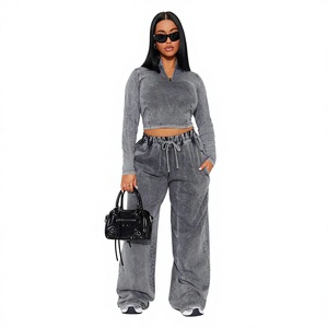 Custom Plus Size Cotton Fleece Ladies 2 Piece Short Crop Top Hoodie & Joggers <b>Set</b> <b>Women's</b> Acid Washed - Product Image 1