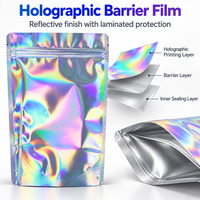 Sacs biodégradables holographiques à soufflets latéraux PET+VMPET+PE, pochettes verticales refermables avec fermeture éclair et encoche de déchirement, emballage alimentaire anti-odeur pour le lait