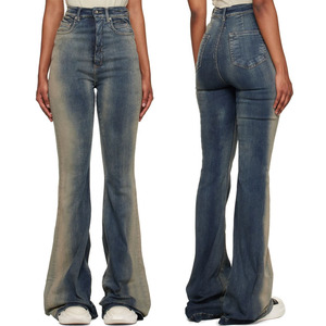 Baggy cao tăng của phụ nữ jeans phai hiệu ứng màu xanh rửa sạch căng denim jeans quần cho phụ nữ loe jeans - Product Image 1