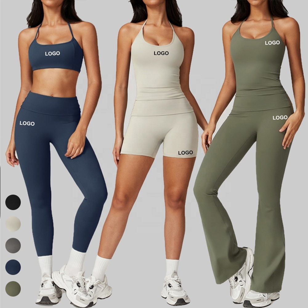 OEM Women's Gym Fitness Set 5pcs Sports Bra Vest Yoga Leggings Flare Pants Breathable Elastic Waist Four-Way Stretch Workout