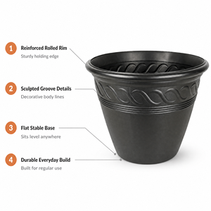 Pots de fleurs ronds en <span class=keywords><strong>plastique</strong></span> empilables, motif <span class=keywords><strong>tressé</strong></span> noir mat, jardinières de jardin faciles à nettoyer pour balcon, vente en gros - Product Image 1