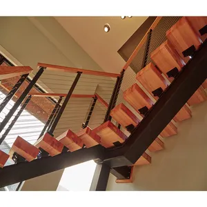מונו סטרינגר ישר מדרגות פנים מותאם אישית מוצק עץ מדרגות עם זכוכית מעקה מדרגות כיסא מעלית