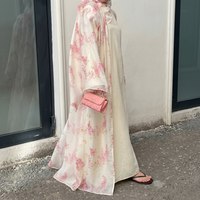 Ensemble Abaya Élégant en Laine à Imprimé Floral pour Femmes Musulmanes – Kimono Modeste avec Robe Intérieure Longueur Ras du Sol Grande Taille Ceinturé à la Taille