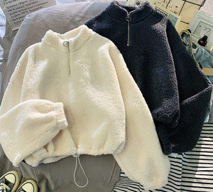 Pull court en maille pour <span class=keywords><strong>femme</strong></span>, style coréen décontracté, en polaire sherpa, avec demi-fermeture éclair et <span class=keywords><strong>capuche</strong></span>, <span class=keywords><strong>chaud</strong></span>, pour l'automne et l'hiver - Product Image 3