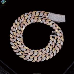 Chaîne cubaine en argent sterling 925 plaqué or 18 carats avec moissanite VVS, 2 rangs, 13 mm, 3 tons de couleur, collier cubain élégant - Product Image 1