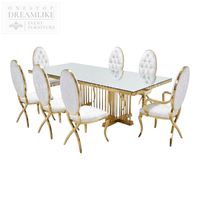 Ensemble de table à manger longue de luxe moderne en acier inoxydable doré avec plateau blanc pour événements et mariages, fournisseur de location, OEM ODM, commande en gros, ROI élevé