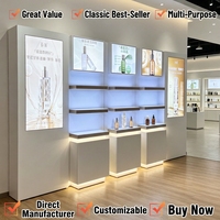 Vitrine d'îlot pour magasin de détail, finition laquée effet bois, écologique, hauteur réglable, design moderne pour