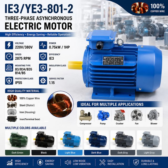 IE3/YE3-801-2 High Efficiency Three Phase AC Induction Motor 0.75kW 1HP 220V/380V 2875RPM Motor