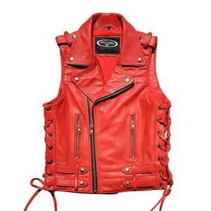 Motorcycle 100% genuine Leather Vest Men's Women's Lapel Oblique Zipper Waist Drawstring Red Cow Skin Sleeveless coat waistcoat