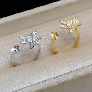 Bague ouverte en argent S925, papillon, réglable, 7-10 doigts, tendance et élégante, incrustation de perles avec support vide JG5226 - Product Image 1