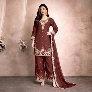 Costume brodé marron pour femme avec dupatta, coupe ample, longueur cheville, tenue traditionnelle indienne pakistanaise - Product Image 1