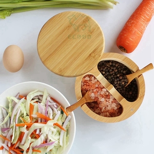 Boîte à épices ronde de bonne qualité Boîte à sel en bois à 2 départements Boîte de rangement pour épices de cuisine en bambou Moso - Product Image 6