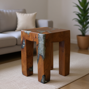 Sgabello in Legno di Teak e Resina Marrone Fatto a Mano Design Moderno Arredamento per Soggiorno - Product Image 2