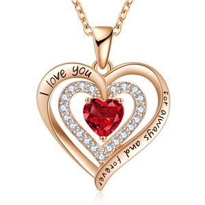 Collar de Plata de Ley 925 con Baño de Oro Rosa y Granate Simulado, Piedra de Nacimiento de Enero, con Corazón y Circonitas Blancas, Joyería Fina para Mujer - Product Image 1