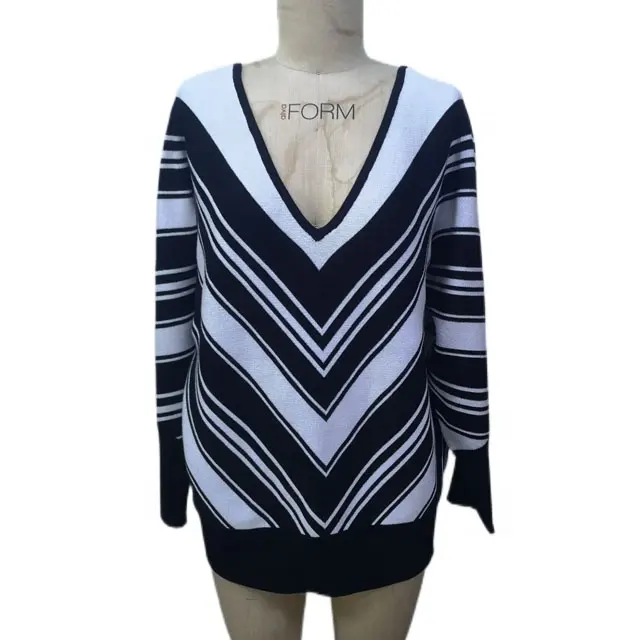 Long Sleeve Deep V Neck Striped Custom Women Sweater