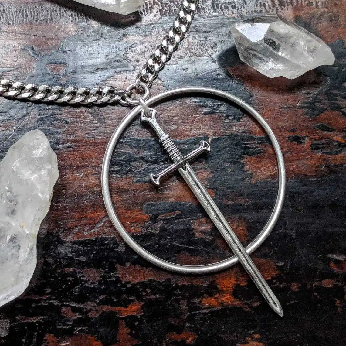 Gotik antik kılıç kolye gerdanlık moda ortaçağ soğuk silah takı gümüş renk Vintage kalın zincir kolye takı