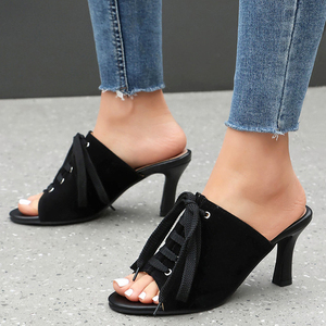 Low Price Women Suede High Heels Stiletto Summer <b>Open</b> Toe on Mules Shoes Dress Front Lace <b>up</b> Pumps - Product Image 4