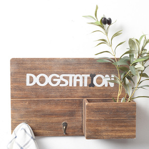 Wall Mounted Wooden <b>Shelf</b> With <b>Hooks</b> And Box Storage For Keys And Decorations Rectangle Lightly Calcined Wood - Product Image 1
