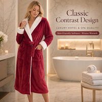 Peignoir long en flanelle pour femme, rouge et blanc contrastant, en polyester doux, à capuche, pour l'hiver, vêtement de nuit, vente en gros, personnalisable OEM