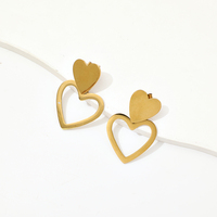 Gouden dubbele hartvormige oorhangers van roestvrij staal, clip-on, open frame, charme, twee lagen, delicaat, romantisch, unisex, Valentijnsdag