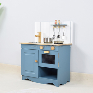 Pretend Play Toy Toddler Blue Wooden Play Kitchen <b>Set</b> for Kids with Cooking Accessories, Oven, <b>Microwave</b>, Sink & Faucet - Product Image 1