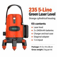 Niveau laser vert 5 lignes 235 avec boîtier cylindrique orange, kit avec deux batteries et trépied de 1 m