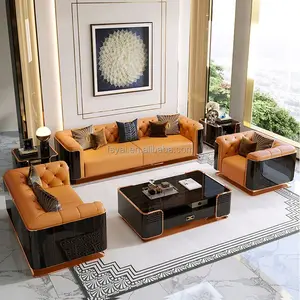 Mebel Antik Kombinasi Kayu Jati Sofa Morden Furniture Ruang Tamu Kulit Gaya Eropa Sofa Set