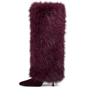 Bottes hautes en fourrure pelucheuse pour femmes, taille 45, à talons hauts, bout carré, fourrées, pour l'hiver, coupe large - Product Image 6