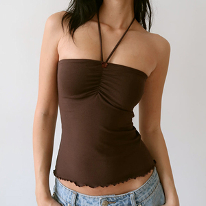 Top Halter Minimalista de Color Liso para Mujer con Busto Fruncido, Ribete de Encaje, Sin Espalda, Ajuste Delgado, Sin Mangas, Top de Verano - Product Image 4
