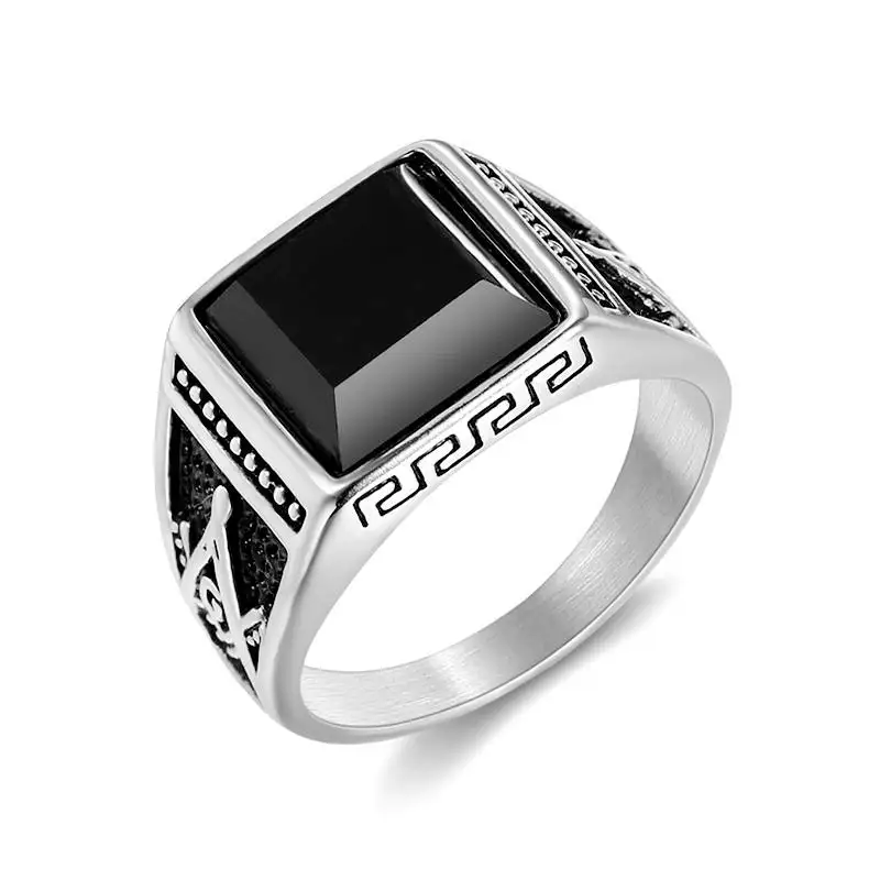 Hot Selling Square Black Onyx Gemstone Rings Men Stainless Steel Masonic Ring Jewelry /