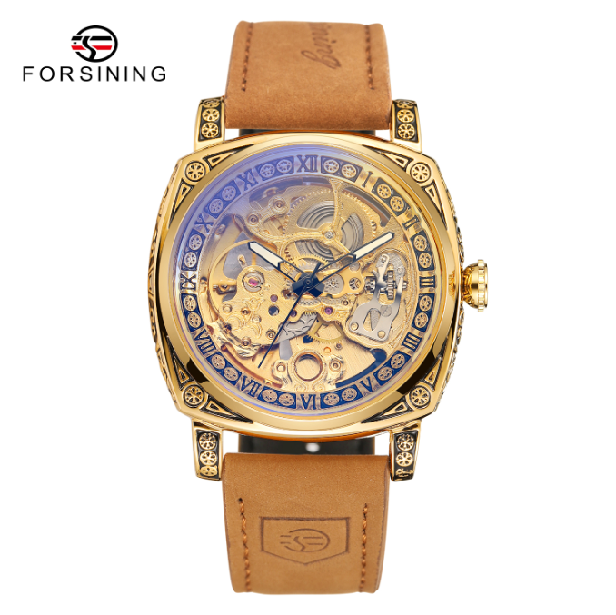 FORSINING GMT1233 高級スクエア透明スケルトン自動巻き腕時計 