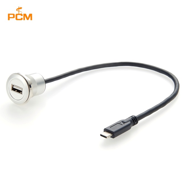 Aluminum USB2.0 Type A Female to USB-C Male Round Flush Panel Mount Data Charge Cable for Industrial Cabinet Chassis Case