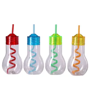 Party supplies 500ml Clear plastic LED light bulb shaped water bottle cold drink beverage water cup with lid and straw