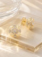 Boucles d'oreilles clous FJ Fallon en laiton plaqué or 14K, motif floral filigrané vintage, zircon cubique, couleur longue durée, vente en gros personnalisée, directement de l'usine