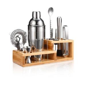 <b>Cocktail</b> <b>Shaker</b> Set Stainless Steel Barware Kit 10pcs 750ml Luxury Sustainable Hot Sale Wine <b>Shaker</b> with Wooden Stand - Product Image 1
