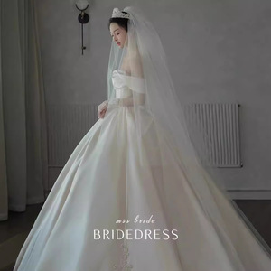 Mss Bride Wedding Dress Satin Off Shoulder Ball Gown Princess Waistline White Floor Length Vintage Style - Product Image 3