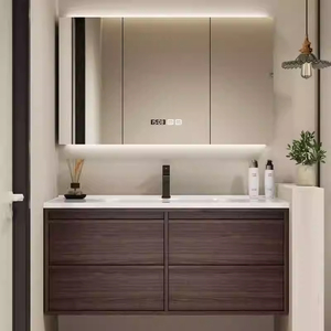 Modern cream white bathroom cabinet <b>set</b> with colorful drawer pulls led mirror storage unit factory direct - Product Image 3