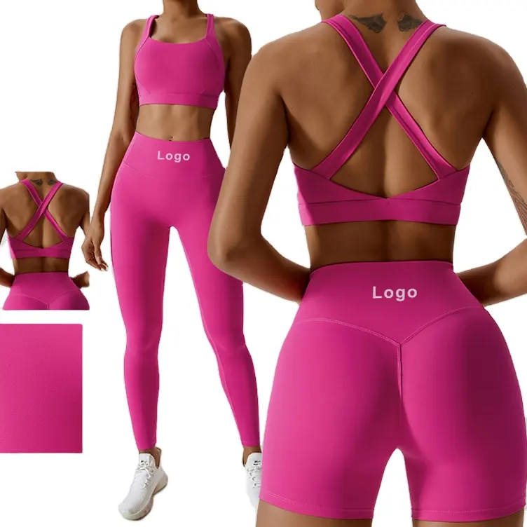 2023 Neues 3-teiliges Set Trainings anzüge Yoga Sporta nzug Lounge Wear Crop Tops Sexy Frauen Leggings Shorts Pink Gym Fitness Sets