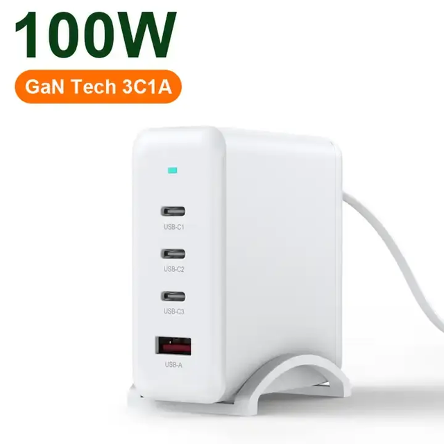 100W PD3.0 GaN Tech Smart Desktop Charger Cellphone Tablet 3 Type-C 1 USB-A Power Supply PPS for AI Lobster Terminal