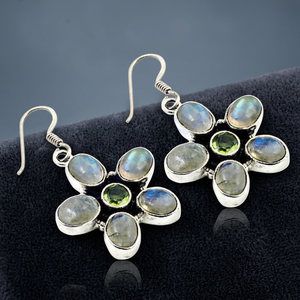 Flower Shape Silver Plated <b>Drop</b> Earrings With <b>Rainbow</b> Moonstone And Peridot Bezel Set Bohemia Style For Women Party Jewelry - Product Image 1