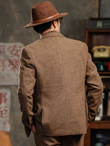 Veste en laine <span class=keywords><strong>marron</strong></span> pour hommes en <span class=keywords><strong>tweed</strong></span> britannique rétro de haute qualité simple boutonnage costume mince <span class=keywords><strong>Blazer</strong></span> plat rembourré décontracté - Product Image 4