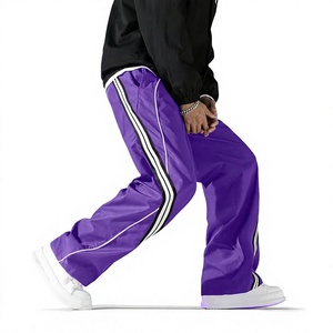 Straight-leg Loose-fit Baggy <b>Pants</b> with Ribbed Webbing Accents Cuffed Hem with Contrasting Tape Design Made of Polyester Fiber - Product Image 1