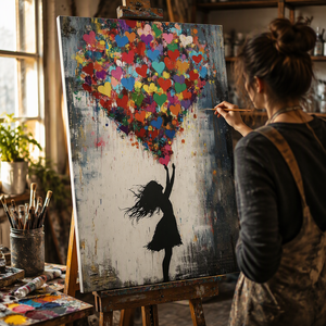 Handgemachtes Ölgemälde mit Herzballon-Mädchen, Art <span class=keywords><strong>Deco</strong></span>, 450 GSM Baumwoll-Leinwand, Gerahmte Wandkunst, Kindergeschenk, Heimdekoration - Product Image 4