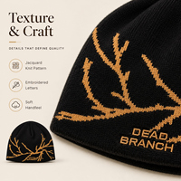 Gorros de punto jacquard gráficos sin puño al por mayor con MOQ bajo, gorros personalizados de diseñador