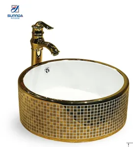 Rond plaqué or de luxe en céramique articles sanitaires table comptoir lavabo salle de bain évier art bassin or visage lavabo