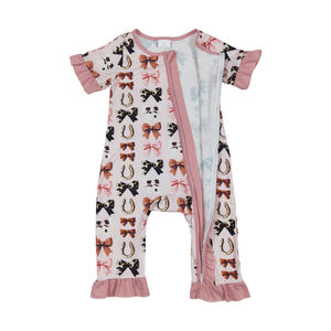 Western Cow Print Bows Pink Bows Manga corta Cremallera Baby Girls Romper Boutique Venta al por mayor de alta calidad Venta caliente Listo para enviar - Product Image 6
