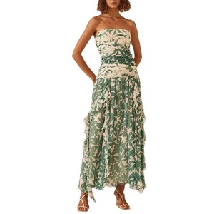 Robe longue en mousseline de soie à imprimé floral sans bretelles, taille empire plissée, robe de soirée pour femmes - Product Image 5