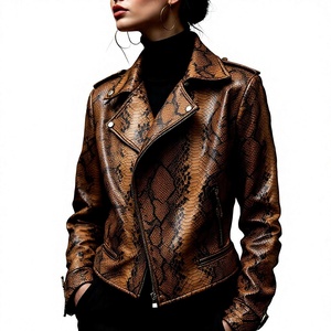 Chaqueta de Motociclista para Mujer, Color Marrón, Piel de Serpiente, Cierre de Cremallera, Cuello Plegable, Manga Larga, Abrigo de Otoño, Fabricación OEM a Medida, Estilo Vintage - Product Image 4