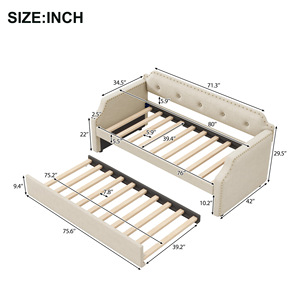 <span class=keywords><strong>Lit</strong></span> <span class=keywords><strong>gigogne</strong></span> Willsoon en tissu beige avec capitonnage et garniture à clous, cadre de <span class=keywords><strong>lit</strong></span> d'appoint escamotable avec support à lattes - Product Image 4