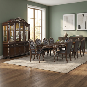 American Classic Dark <b>Brown</b> Wood Dining Set-Rectangular <b>Table</b> 8 Ladder Back Chairs with Ornate Carvings China Cabinet - Product Image 3